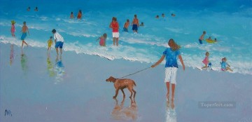 gente de playa y perro Pinturas al óleo